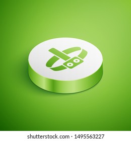 Isometric Head flashlight icon isolated on green background. Tourist head flashlight. Camping head light. White circle button. Vector Illustration