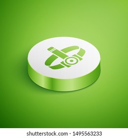 Isometric Head flashlight icon isolated on green background. Tourist head flashlight. Camping head light. White circle button. Vector Illustration