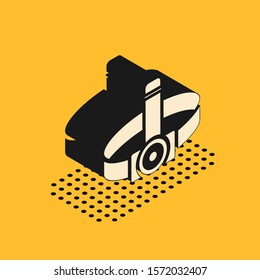 Isometric Head flashlight icon isolated on yellow background. Tourist head flashlight. Camping head light.  Vector Illustration