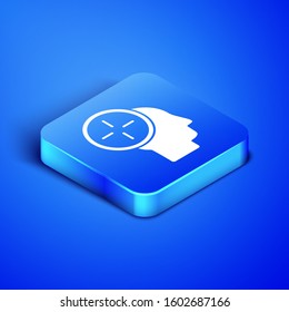 Isometric Head hunting concept icon isolated on blue background. Business target or Employment. Human resource and recruitment for business. Blue square button. Vector Illustration