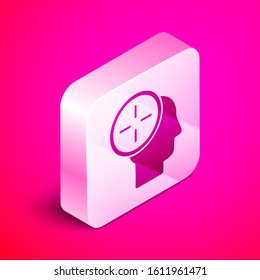 Isometric Head hunting concept icon isolated on pink background. Business target or Employment. Human resource and recruitment for business. Silver square button. Vector Illustration