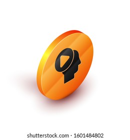 Isometric Head people with play button icon isolated on white background. Orange circle button. Vector Illustration