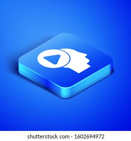 Isometric Head people with play button icon isolated on blue background. Blue square button. Vector Illustration