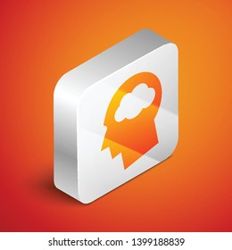 Isometric Head silhouette with cloud icon isolated on orange background. Dreaming sign. Silver square button. Vector Illustration