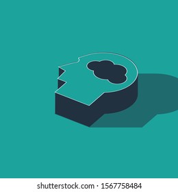 Isometric Head silhouette with cloud icon isolated on green background. Dreaming sign.  Vector Illustration