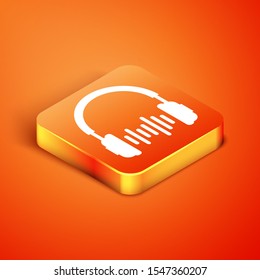 Isometric Headphone and sound waves icon isolated on orange background. Concept object for listening to music, service, communication and operator.  Vector Illustration