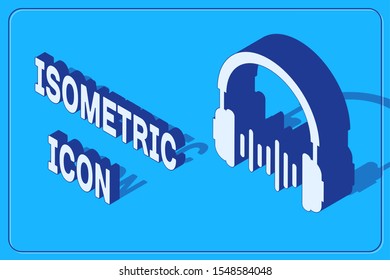 Isometric Headphone and sound waves icon isolated on blue background. Concept object for listening to music, service, communication and operator.  Vector Illustration