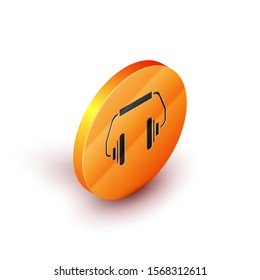 Isometric Headphones icon isolated on white background. Earphones. Concept for listening to music, service, communication and operator. Orange circle button. Vector Illustration