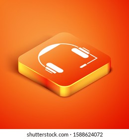 Isometric Headphones icon isolated on orange background. Earphones. Concept for listening to music, service, communication and operator.  Vector Illustration