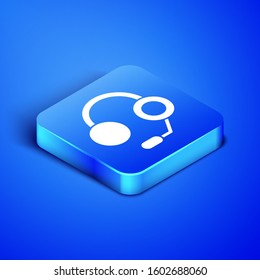 Isometric Headphones icon isolated on blue background. Earphones. Concept for listening to music, service, communication and operator. Blue square button. Vector Illustration