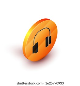 Isometric Headphones icon isolated on white background. Earphones. Concept for listening to music, service, communication and operator. Orange circle button. Vector Illustration
