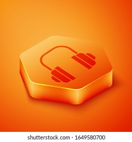 Isometric Headphones icon isolated on orange background. Support customer service, hotline, call center, faq, maintenance. Orange hexagon button. Vector Illustration