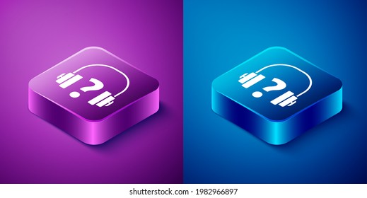 Icono de audífonos isométricos aislados en fondo azul y púrpura. Servicio al cliente, línea directa, centro de llamadas, fax, mantenimiento. Botón cuadrado. Ilustración vectorial