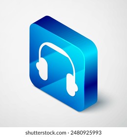 Isometric Headphones icon isolated on grey background. Earphones. Concept for listening to music, service, communication and operator. Blue square button. Vector