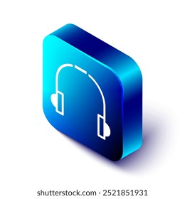 Icono isométrico de los auriculares aislado en el fondo blanco. Auriculares. Concepto para escuchar música, servicio, comunicación y operador. Botón cuadrado azul. Ilustración vectorial