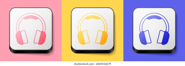 Isometric Headphones icon isolated on pink, yellow and blue background. Earphones. Concept for listening to music, service, communication and operator. Square button. Vector