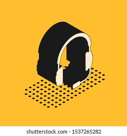 Isometric Headphones with microphone icon isolated on yellow background. Concept object for listening to music, service, communication and operator.  Vector Illustration