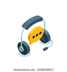 isometric headphones with microphone and text bubble in color on white background, online consultation or helpline