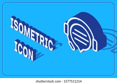Isometric Headphones with speech bubble chat icon isolated on blue background. Support customer service, hotline, call center, faq, maintenance.  Vector Illustration