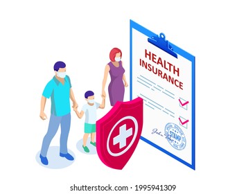 Isometric Health insurance concept. Healthcare, finance and medical service. Medical Document Form. Paperwork and questionnaire for insurance concepts