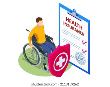 Isometric Health insurance concept. Healthcare, finance and medical service. Medical Document Form. People with disability, person who uses a wheelchair, wheelchair user
