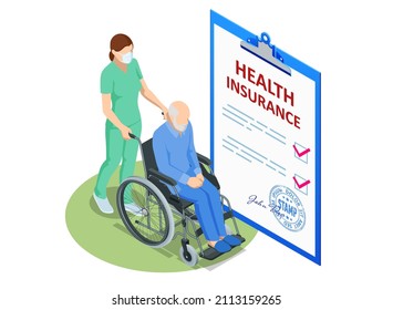 Isometric Health insurance concept. Healthcare, finance and medical service. Medical Document Form. People with disability, person who uses a wheelchair, wheelchair user.