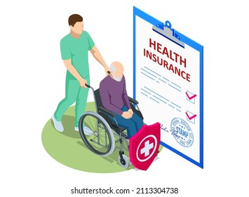 Isometric Health insurance concept. Healthcare, finance and medical service. Medical Document Form. People with disability, person who uses a wheelchair, wheelchair user.