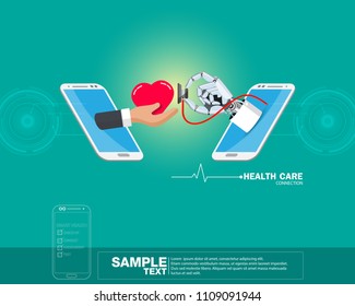 Isometric health medication vector illustration, Concept hand doctor robot with red heart icon
 on mobile phone.