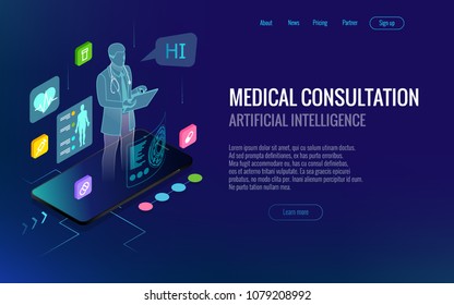 Isometric Healthcare, Diagnostics And Online Medical Consultation App On Smartphone. Digital Health Concept With A Doctor Standing On Phone Surrounded By Assorted Medical Icons. Innovative Technology.