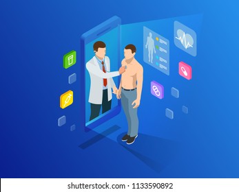 Isometric Healthcare, Diagnostics And Online Medical Consultation App On Smartphone. Digital Health Concept With A Doctor Standing On Phone Surrounded By Assorted Medical Icons. Innovative Technology