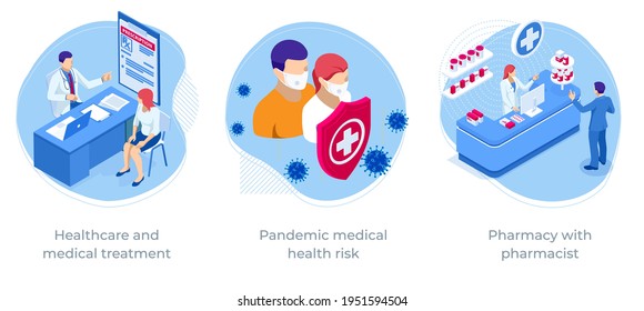 Isometric Healthcare and medical treatment, Pandemic medical health risk, Pharmacy with pharmacist