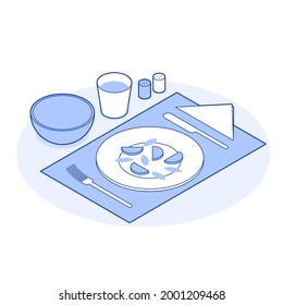 Isometric healthy eating vector illustration serving table with tasty food and drink isolated. Dietary nutrition for healthcare and weightloss. Lunch, breakfast or dinner with natural ingredients