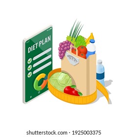 Isometric Healthy food and Diet planning on smartphone. Healthy eating, personal diet or nutrition plan from dieting expert. Nutrition consulting, diet plan