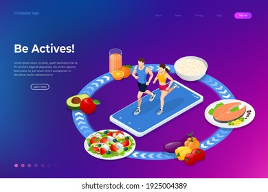 Isometric Healthy food and Diet planning concept. Healthy eating, personal diet or nutrition plan from dieting expert. Nutrition consulting, diet plan. Excess weight