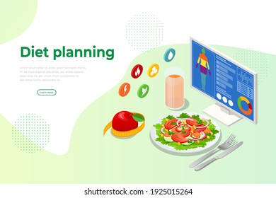 Isometric Healthy food and Diet planning concept. Healthy eating, personal diet or nutrition plan from dieting expert. Nutrition consulting, diet plan