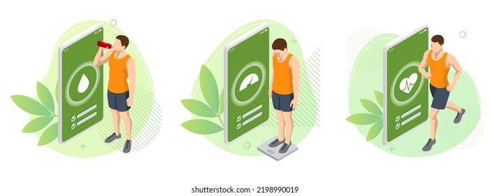 Isometric Healthy food and Diet planning for man . Health monitoring application on the screen, Healthy eating, personal diet or nutrition plan from dieting expert