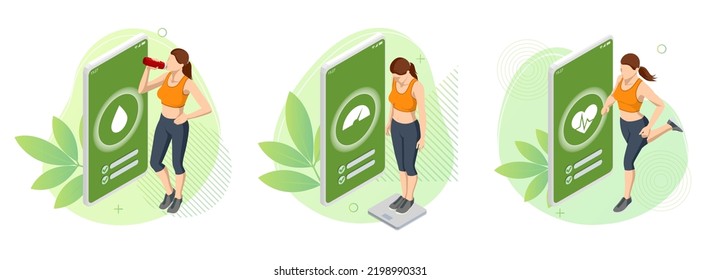 Isometric Healthy Food And Diet Planning For Woman . Health Monitoring Application On The Screen, Healthy Eating, Personal Diet Or Nutrition Plan From Dieting Expert