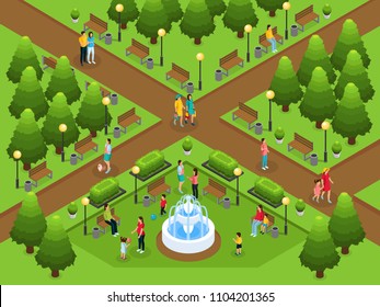 Isometric healthy lifestyle template of pregnant women walking talking with girlfriend husband playing with children in park vector illustration