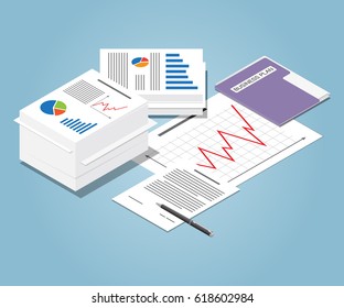 Isometric heap of business documents. Bureaucracy concept. 