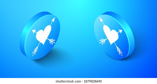 Isometric Heart with arrow icon isolated on blue background. Happy Valentine's day. Cupid dart pierced to the heart. Love symbol. Amour symbol. Blue circle button. Vector.