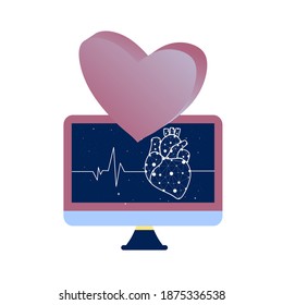 Isometric Heart Checkup on the screen. Medical internet consultation concept. 3D Heart healthcare consulting web service,  cardiology examination, hospital support online vector illustration. 