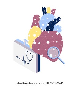 Isometric Heart Checkup on the screen. Medical internet consultation concept. 3D Heart healthcare consulting web service,  cardiology examination, hospital support online vector illustration. 