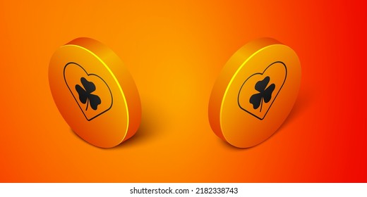 Isometric Heart with clover trefoil leaf icon isolated on orange background. Happy Saint Patricks day. National Irish holiday. Orange circle button. Vector