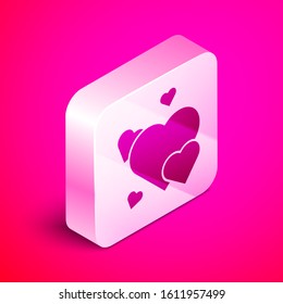 Isometric Heart icon isolated on pink background. Romantic symbol linked, join, passion and wedding. Valentine day symbol. Silver square button. Vector Illustration