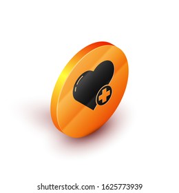 Isometric Heart icon isolated on white background. Romantic symbol linked, join, passion and wedding. Valentine day symbol. Orange circle button. Vector Illustration