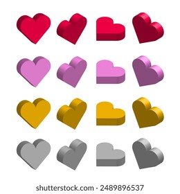 Icono de corazón isométrico, Amor, Elementos gráficos de San Valentín, Iconos, Rojo, Rosa, Amarillo, Gris, Ilustración romántica