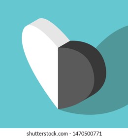 Isometric heart made of two halves, white and black, on turquoise blue. Love, peace, harmony, opposites and extremes meet concept. Flat design. EPS 8 vector illustration, no transparency, no gradients