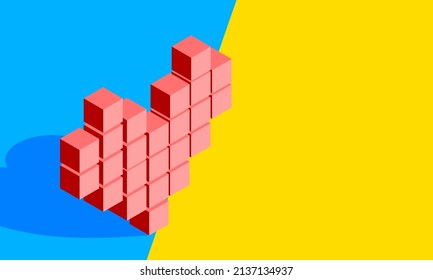 Isometric heart on blue and yellow background.
