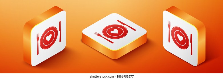 Isometric Heart on plate, fork and knife icon isolated on orange background. Happy Valentine's day. Orange square button. Vector.
