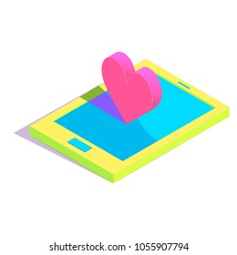 Isometric heart on tablet simple icon. Finding love online concept vector illustration